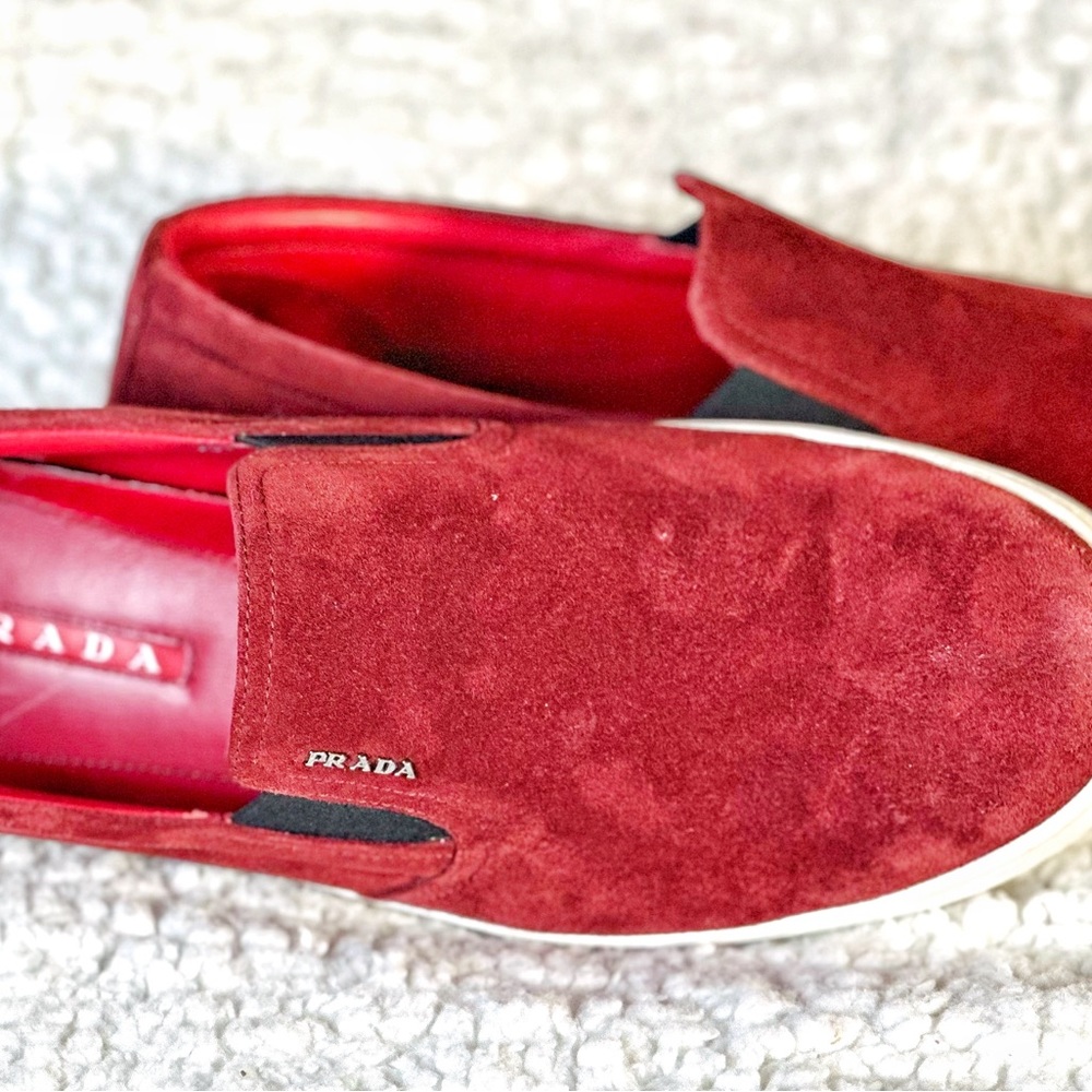 Prada men’s size 10 red suede loafers, hardly worn.